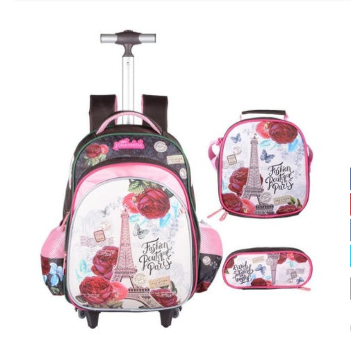 3-Piece Cartoon Trolley Backpack Set for Primary School Kids – Waterproof Rolling School Bag with Lunch Bag & Pencil Case