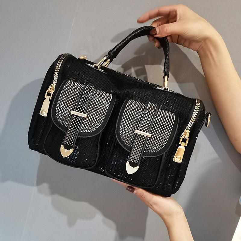 Black One-Shoulder Messenger Bag β Sequin Street Style Casual Handbag for Women, Medium Size Polyester Crossbody Purse
