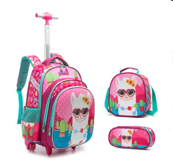 3-Piece Cartoon Trolley Backpack Set for Primary School Kids – Waterproof Rolling School Bag with Lunch Bag & Pencil Case