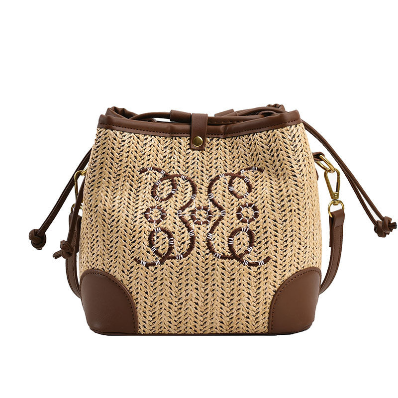 Women's Straw Beach Bucket Bag β Woven Seaside Vacation Shoulder Bag with Drawstring