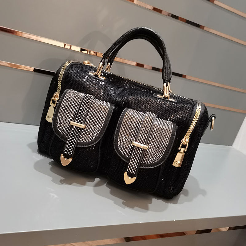 Black One-Shoulder Messenger Bag β Sequin Street Style Casual Handbag for Women, Medium Size Polyester Crossbody Purse