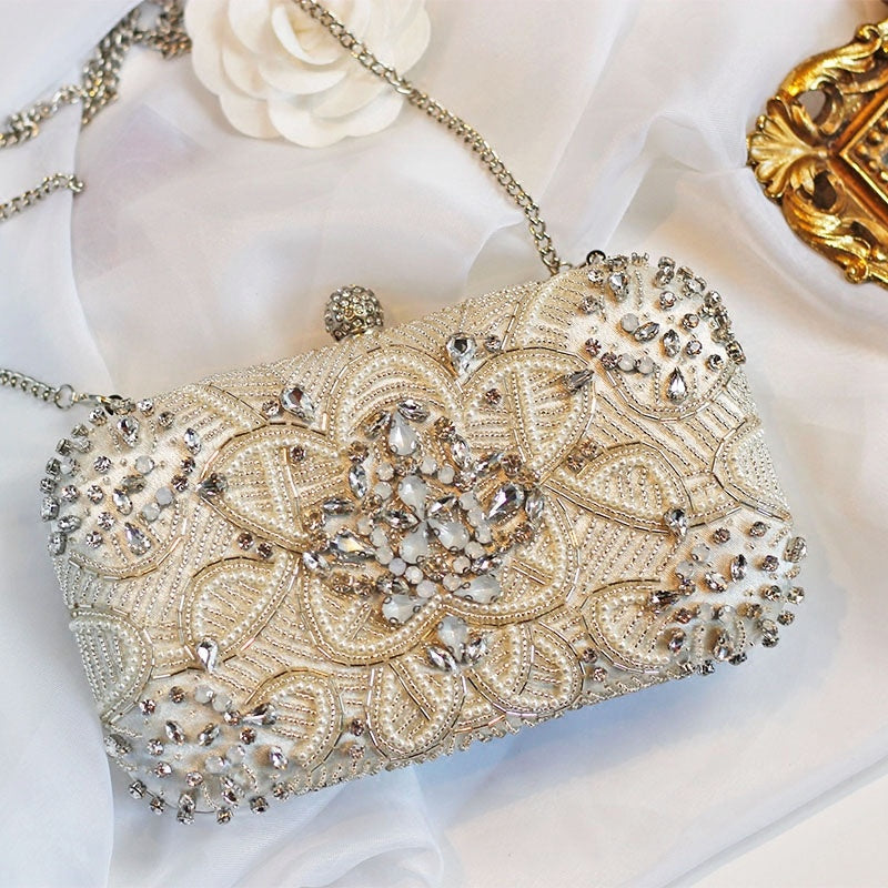 Handmade Rhinestone Chain Evening Bag β Beaded Clutch Purse for Women, Acrylic Hard Box Formal Party Bag with Chain