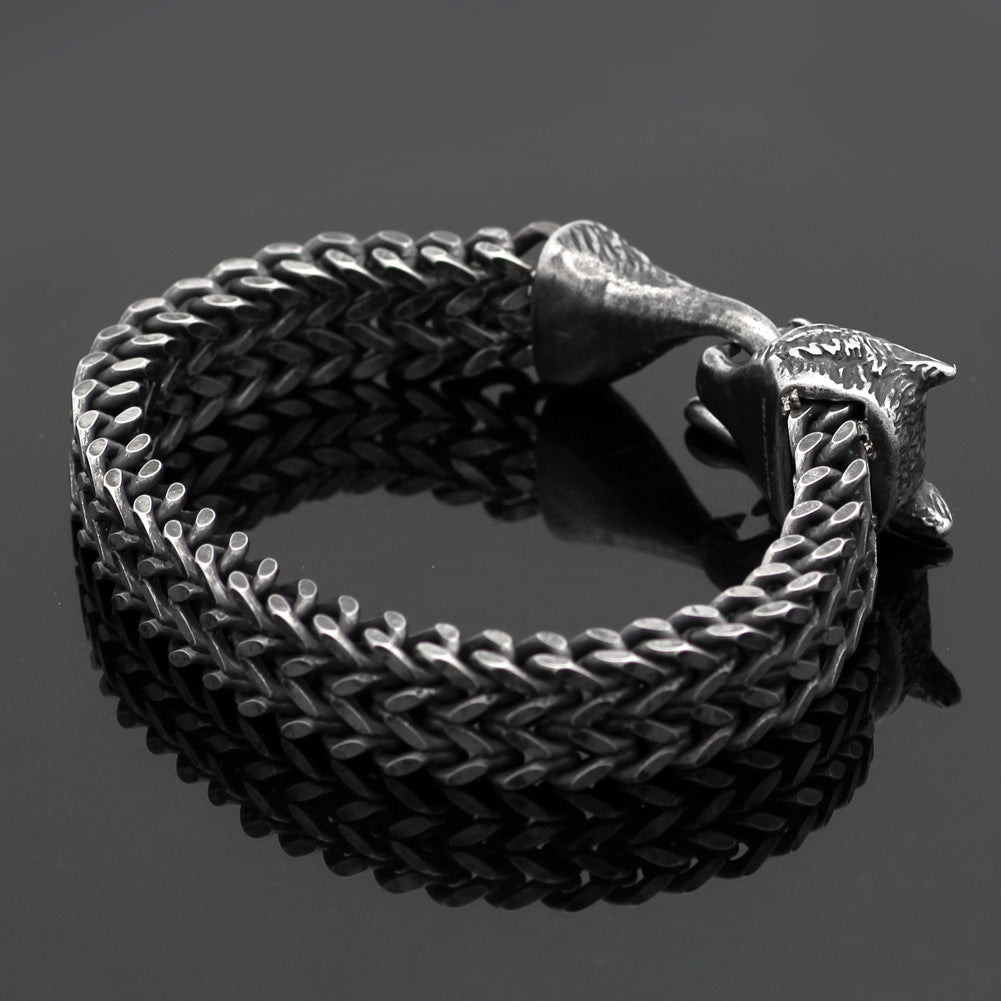Bracelet cubain en acier titane tête de loup vintage