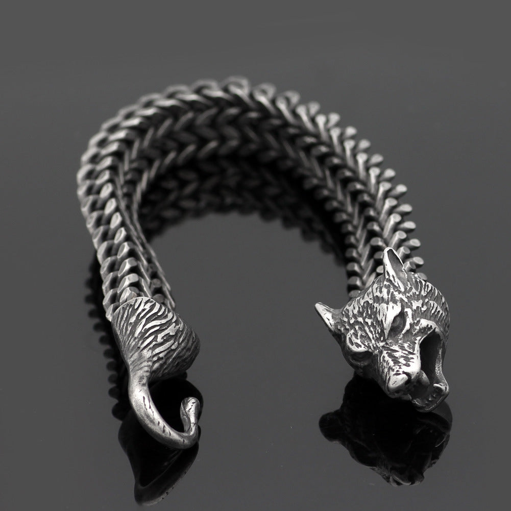 Bracelet cubain en acier titane tête de loup vintage