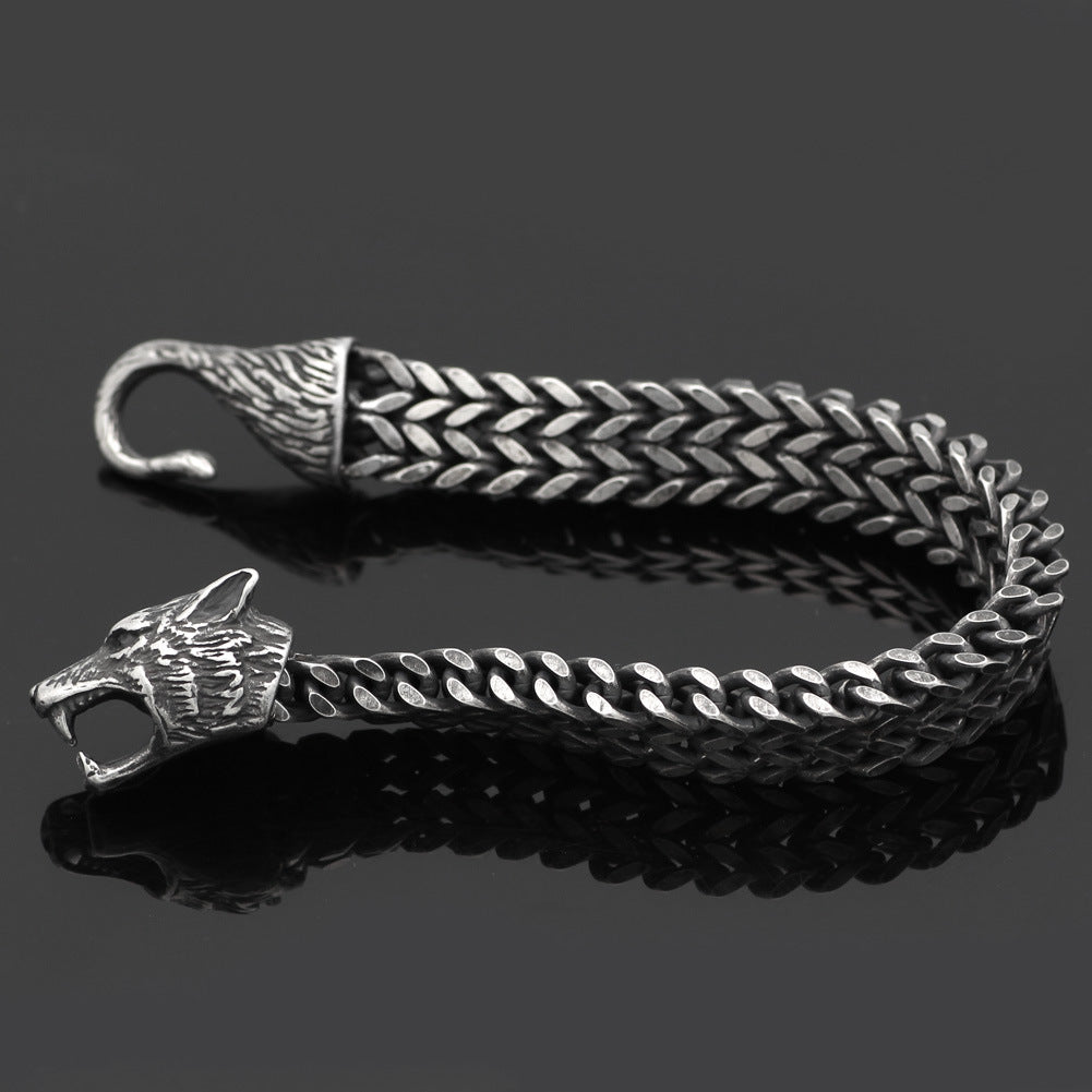 Bracelet cubain en acier titane tête de loup vintage