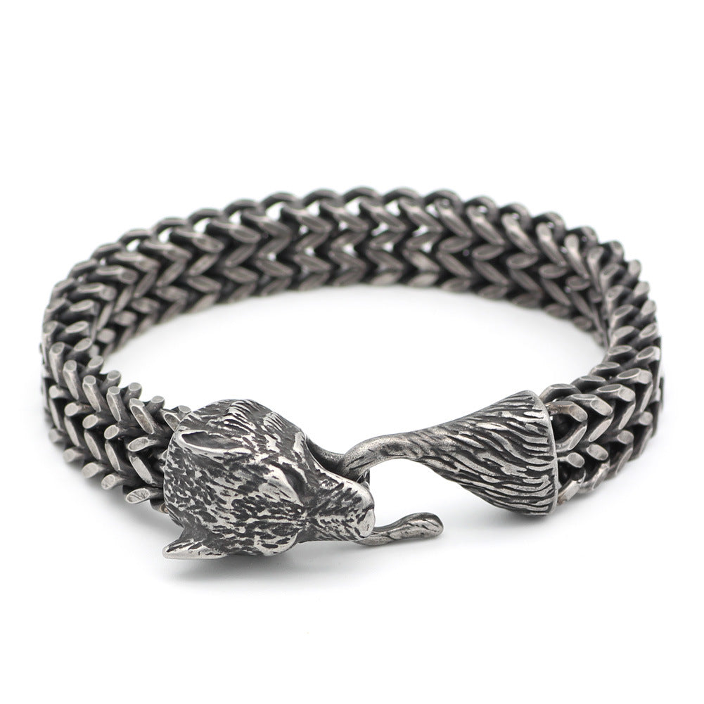 Bracelet cubain en acier titane tête de loup vintage
