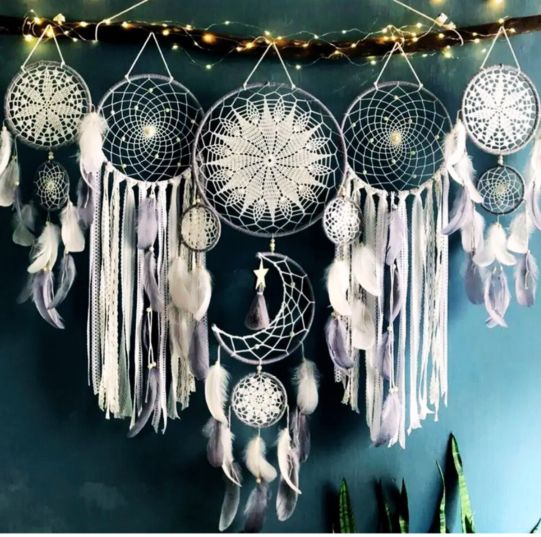 5pcs Boho Macrame Dream Catchers Set – Moon Wall Hangings for Home, Nursery & Ramadan Decor