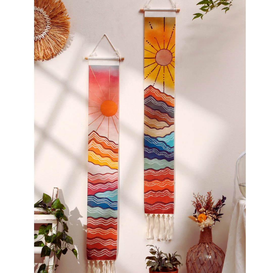 Macrame Tapestry Aesthetic Mountain & Sunrise and Sunset Boho Home Decoration Tapestry Wall Hanging