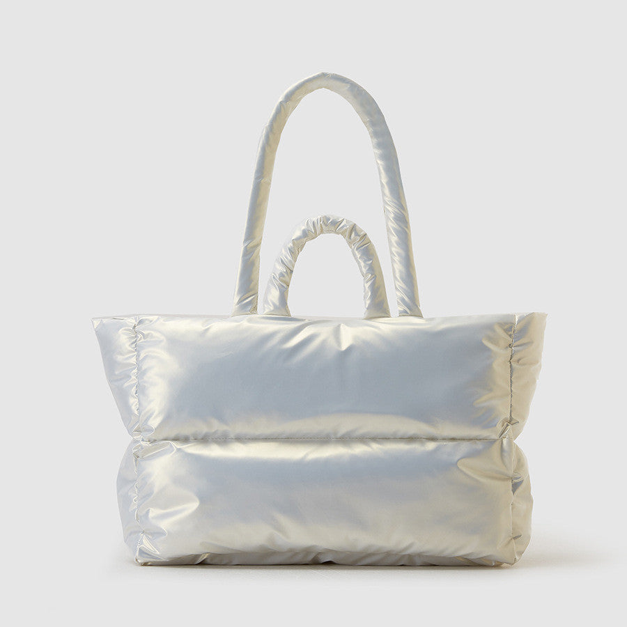 Women's Down Cotton-Padded Tote Bag – Soft Duvet Quilt Handbag with Rhombus Stitching, Large Capacity