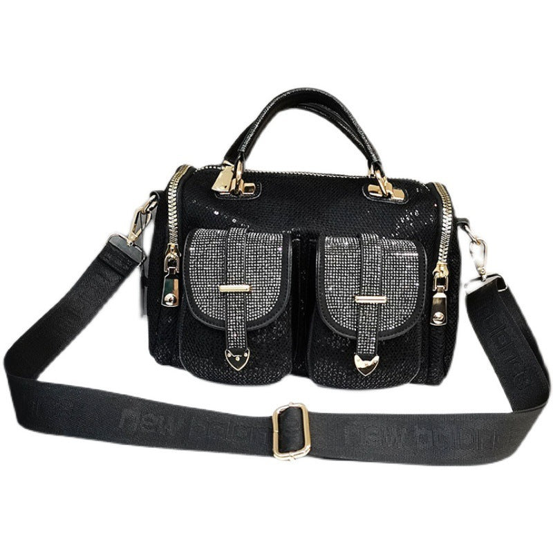 Black One-Shoulder Messenger Bag β Sequin Street Style Casual Handbag for Women, Medium Size Polyester Crossbody Purse
