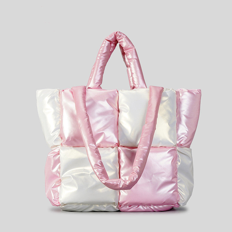 Winter Down Cotton-Padded Tote Bag – Women’s Soft Plaid Shoulder Handbag for Daily Use
