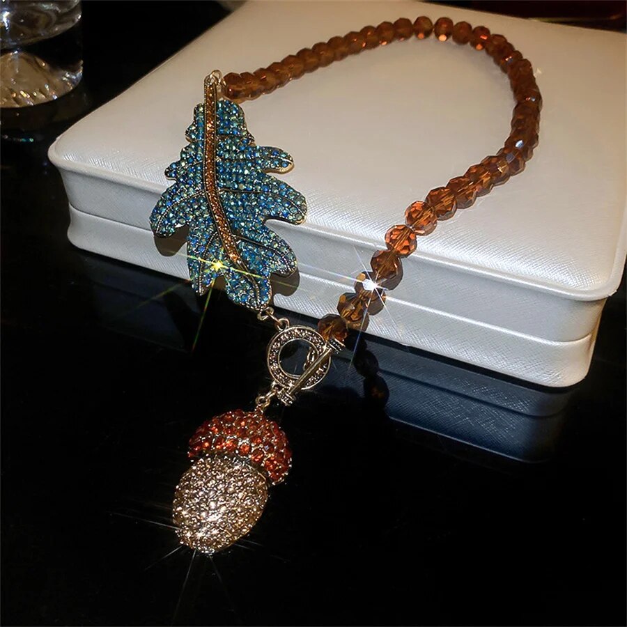 Vintage Leaf Crystal Necklaces with Earing