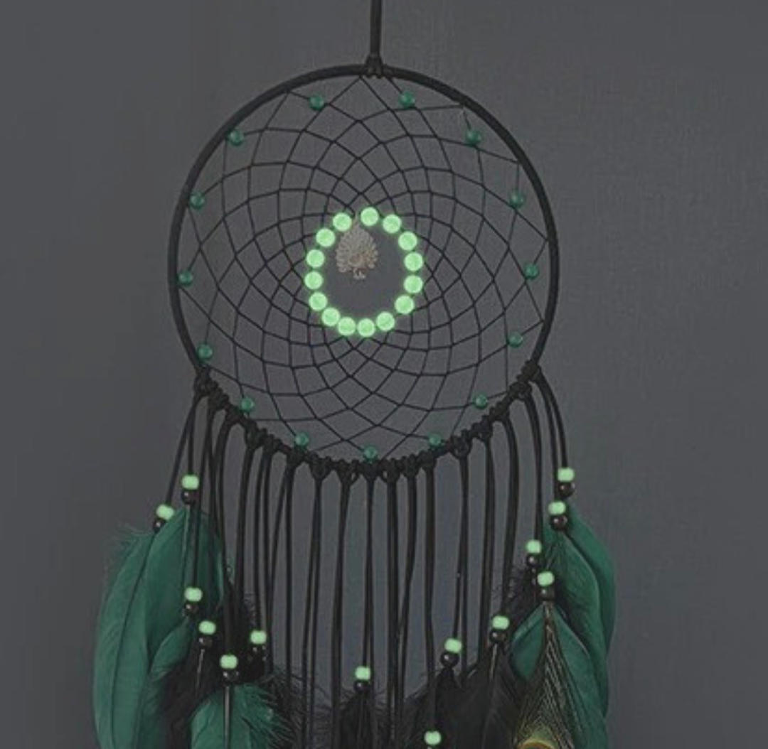 Peacock Feather Dream Catcher with Luminous Beads – Boho Wall Hanging & Wind Chime for Bedroom & Living Room Decor