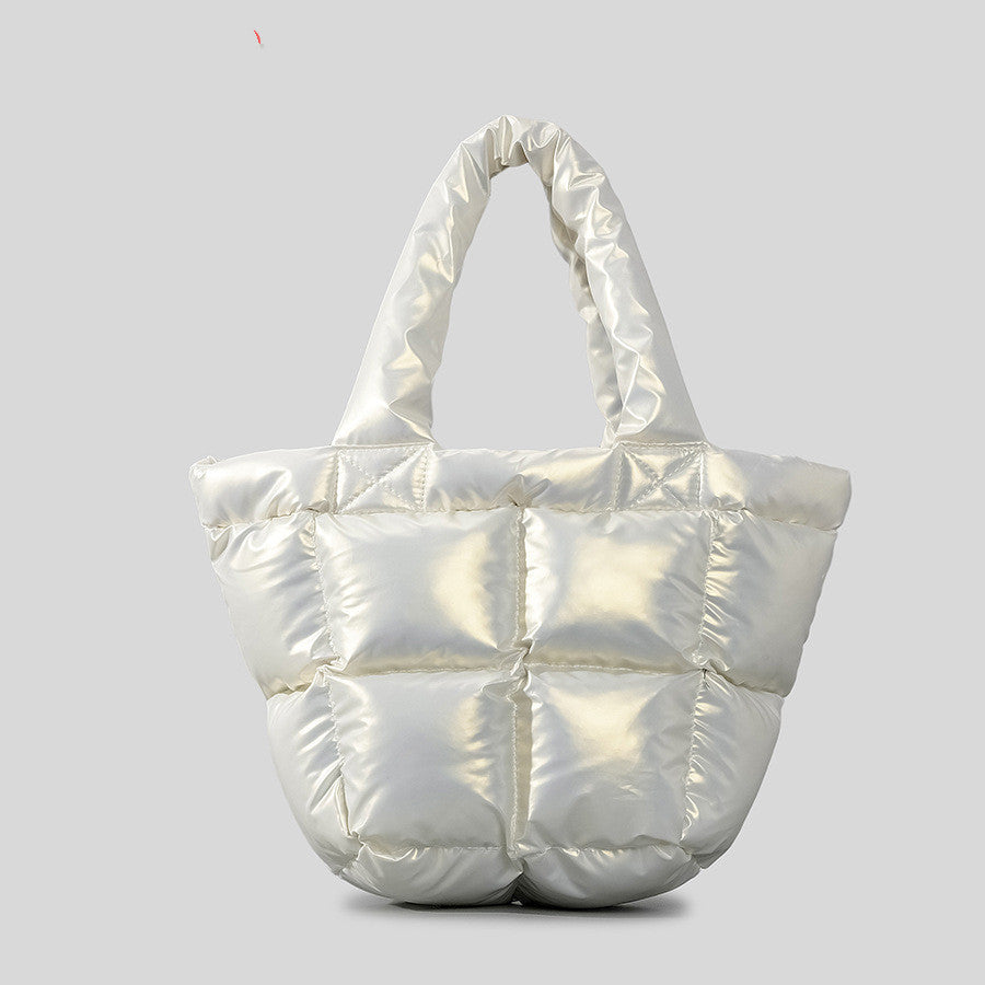 Soft Down Shoulder Bag for Women – Minimalist Quilted Duvet Purse with Bucket Design