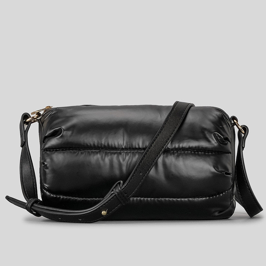 Space Down Cotton Cylinder Shoulder Bag – Quilted Minimalist Puffer Purse with Diamond Mesh Design