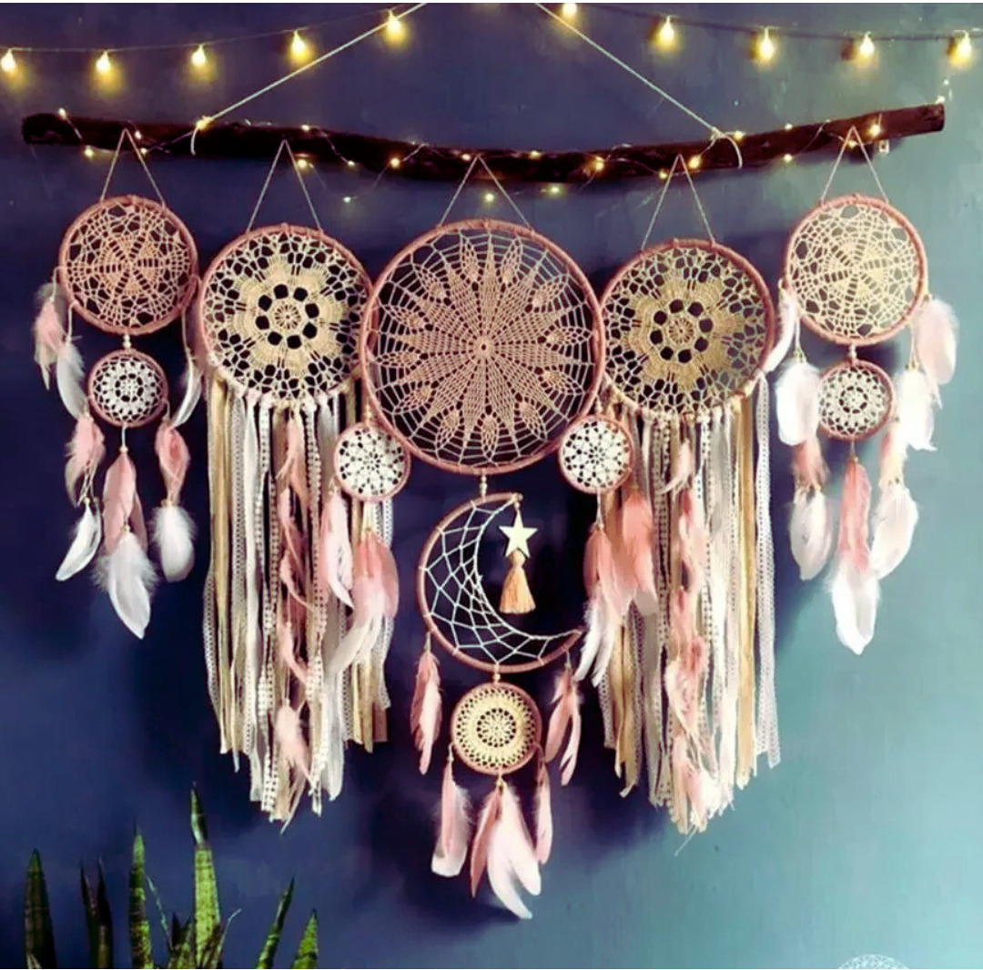 5pcs Boho Macrame Dream Catchers Set – Moon Wall Hangings for Home, Nursery & Ramadan Decor