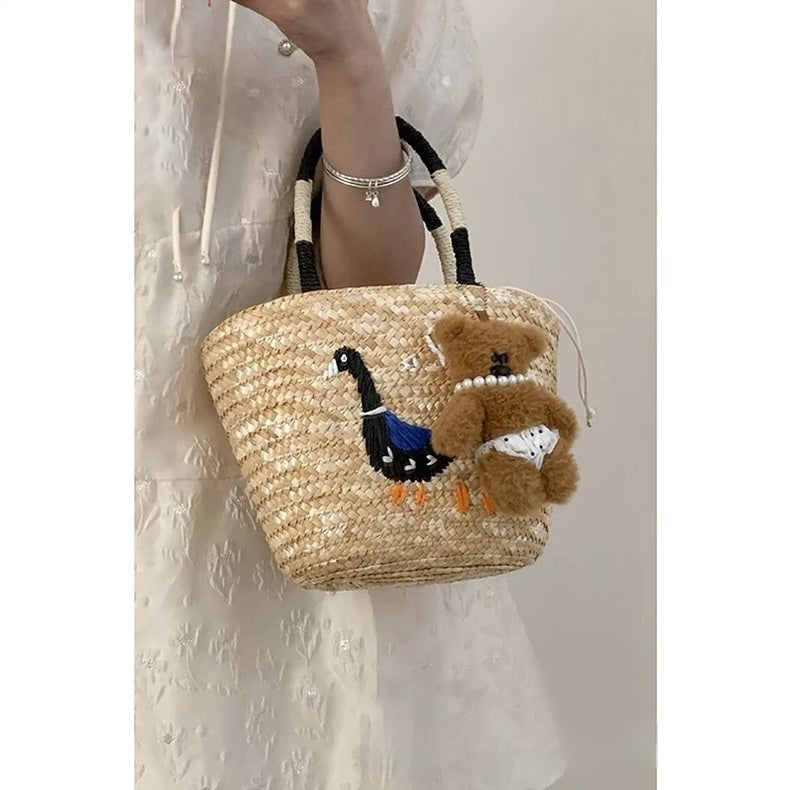 Handwoven Straw Tote Basket Bag for Women – Vintage Shoulder Handbag