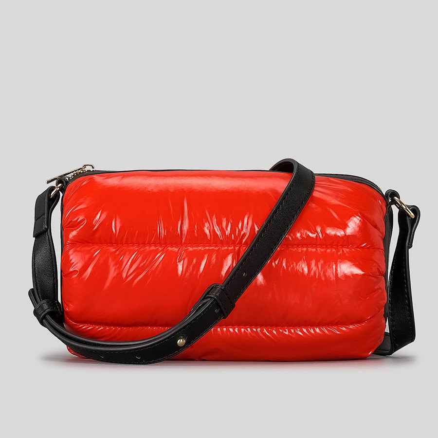 Space Down Cotton Cylinder Shoulder Bag – Quilted Minimalist Puffer Purse with Diamond Mesh Design