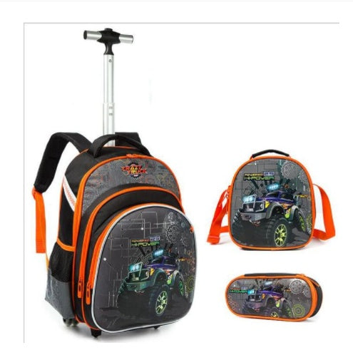 3-Piece Cartoon Trolley Backpack Set for Primary School Kids – Waterproof Rolling School Bag with Lunch Bag & Pencil Case