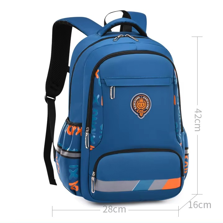 Blue backpack with measurements on a white background