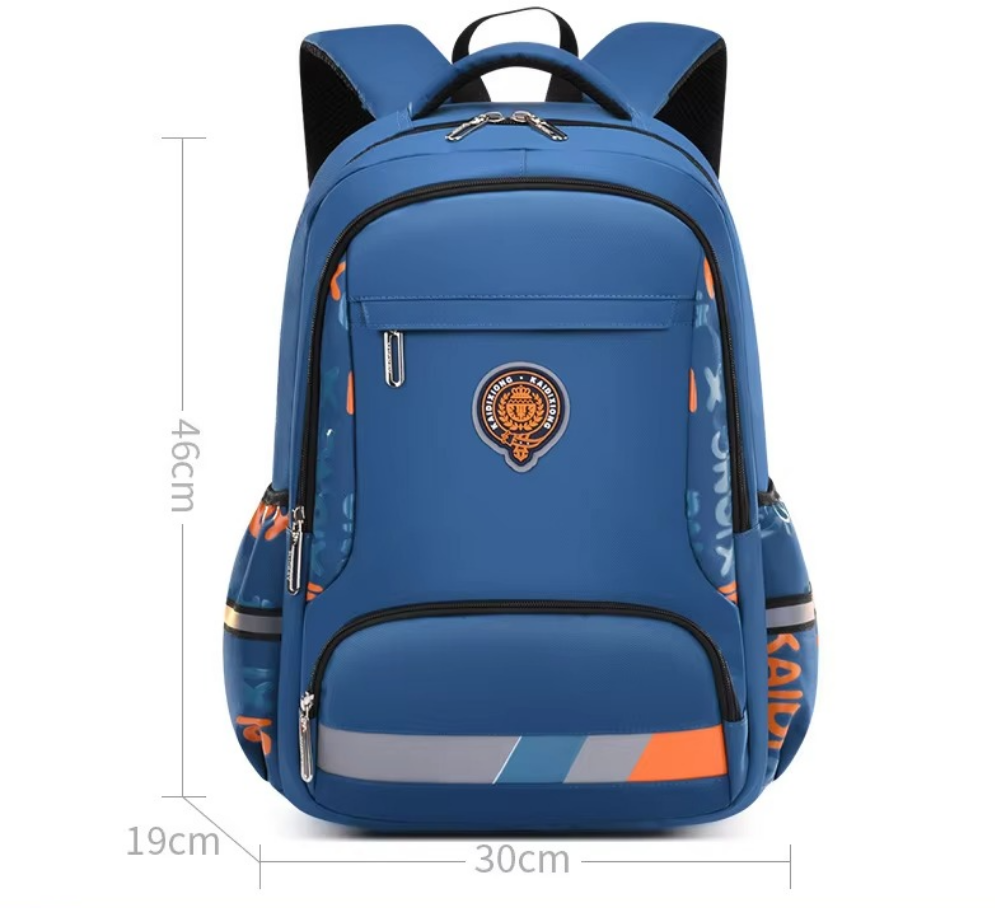 Blue backpack with measurements on a white background