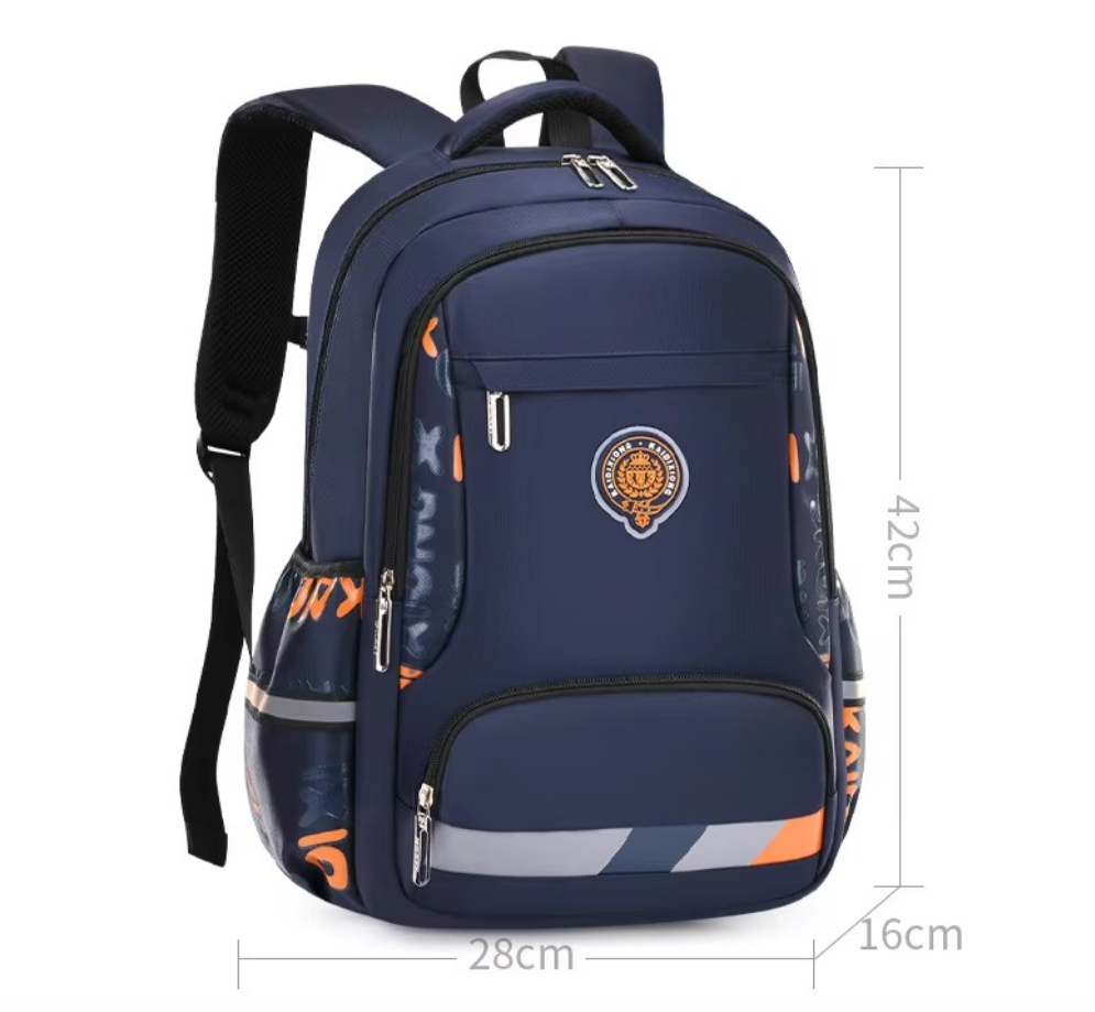 Navy blue backpack with a logo on a white background