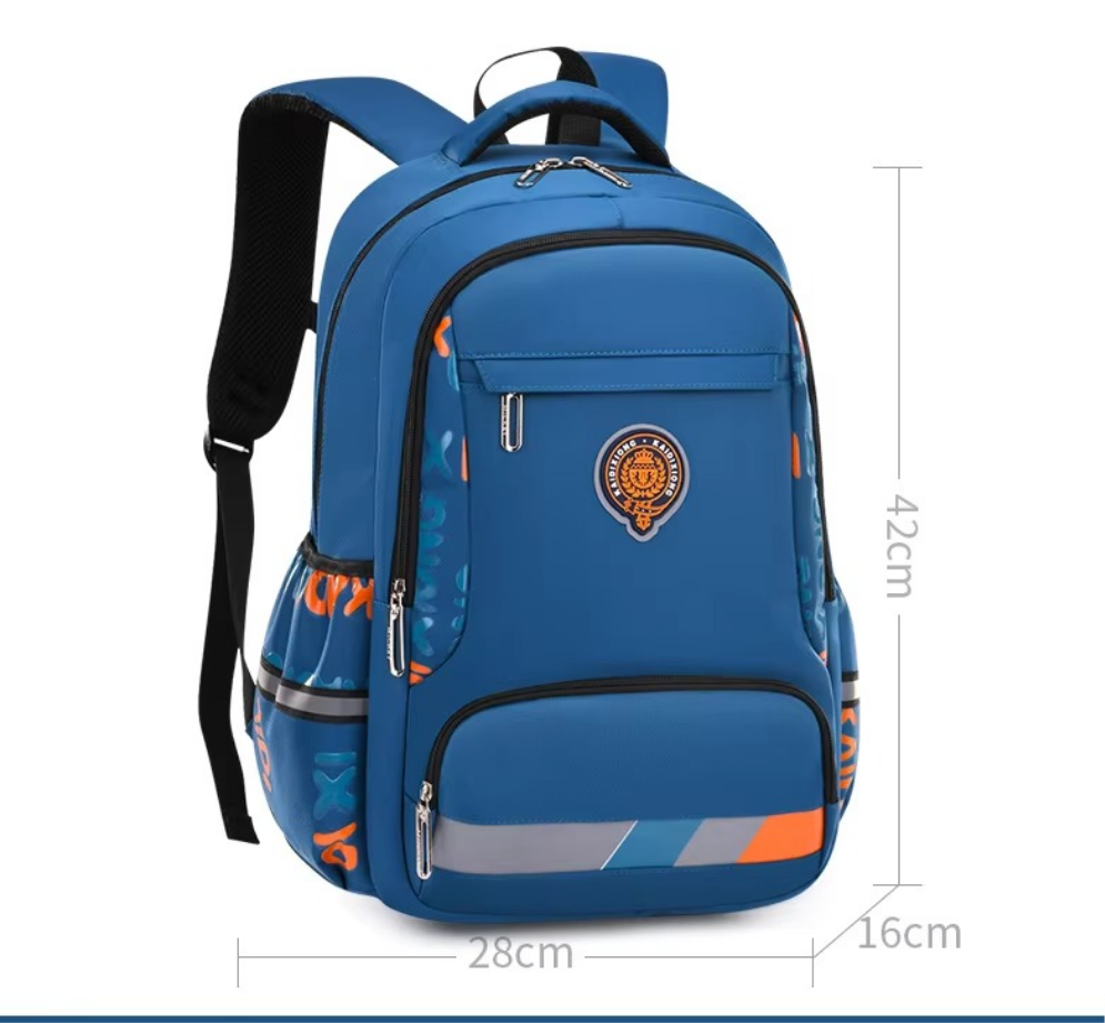 Blue backpack with a logo on a white background