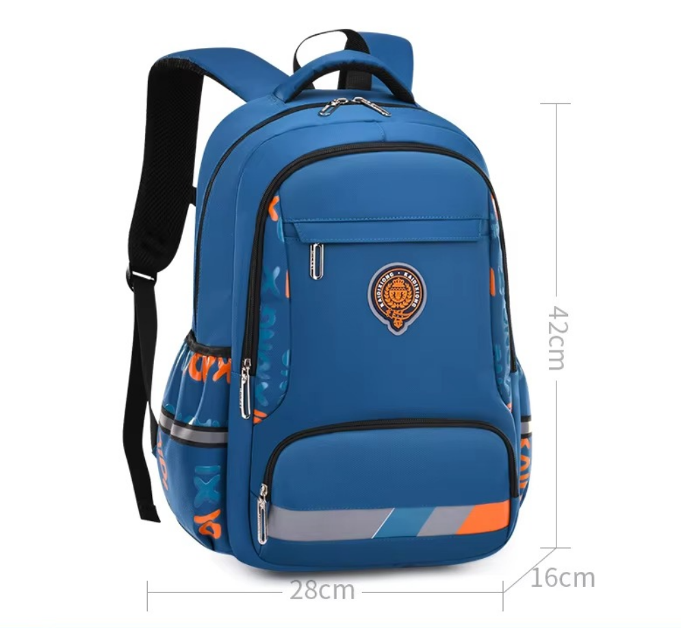 Blue backpack with measurements on a white background