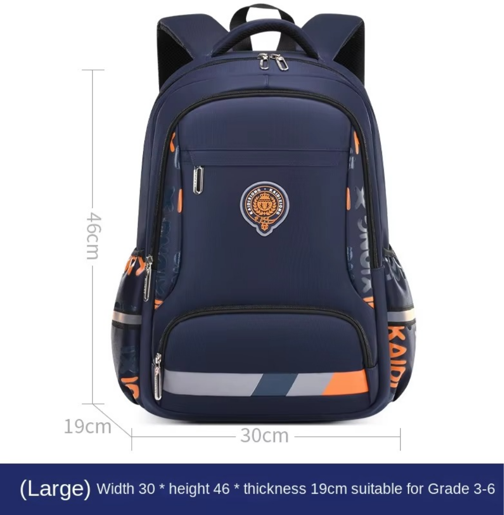 Navy blue backpack with dimensions on a white background