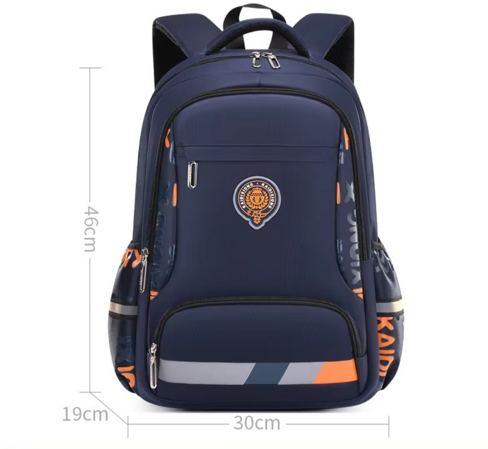 Navy blue backpack with orange accents and measurements on a white background