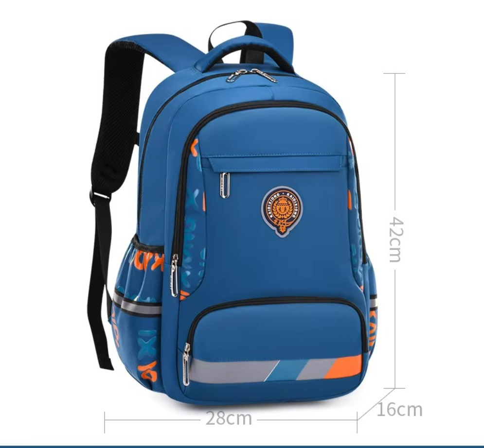 Blue backpack with orange accents and a logo, shown with dimensions on a white background.