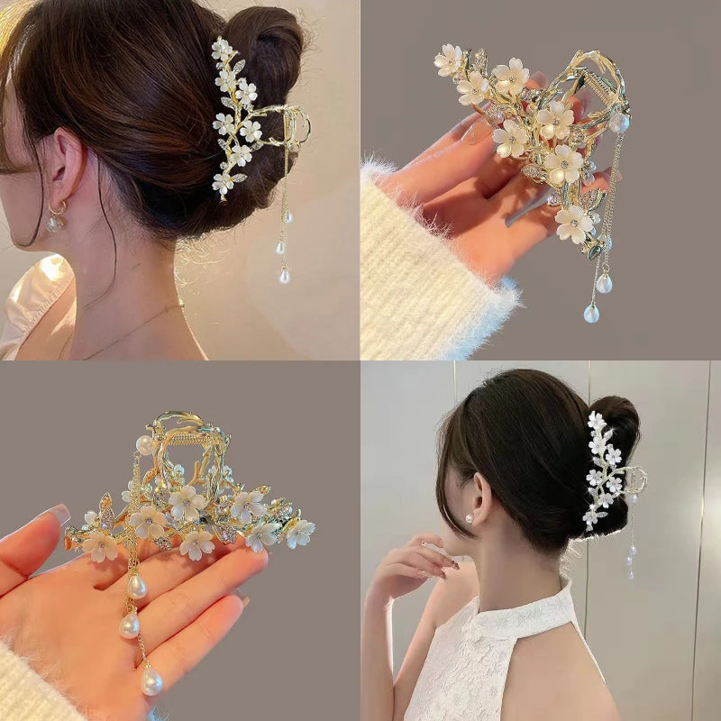New Pearl Flower Tassel Retro Ponytail Hair Claw Clip Girl Women