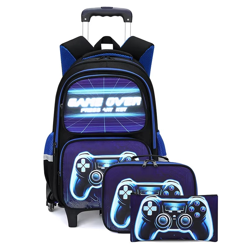 Gaming Console Kids Rolling Trolly Backpack with Lunch Bag – Wheeled School Trolley Bag for Boys
