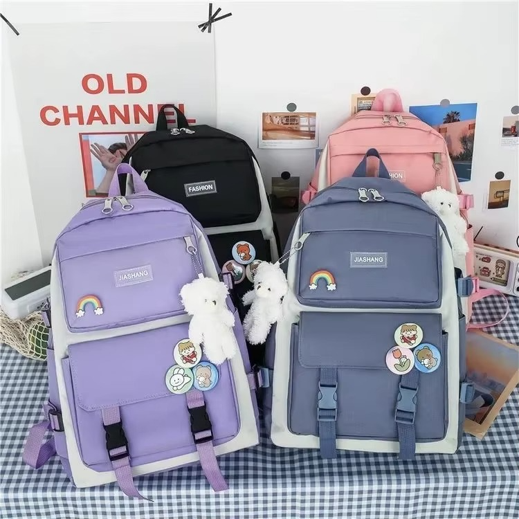 4-Piece Korean Style Canvas Backpack Set for Women – Large Capacity School Bag with Shoulder Bag, Pouch & Tote