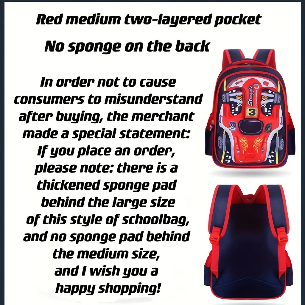 3D Car Backpack for Kids β Waterproof Preschool & Primary School Bag for Boys & Girls, Lightweight, Red/Blue, S/M/L Sizes