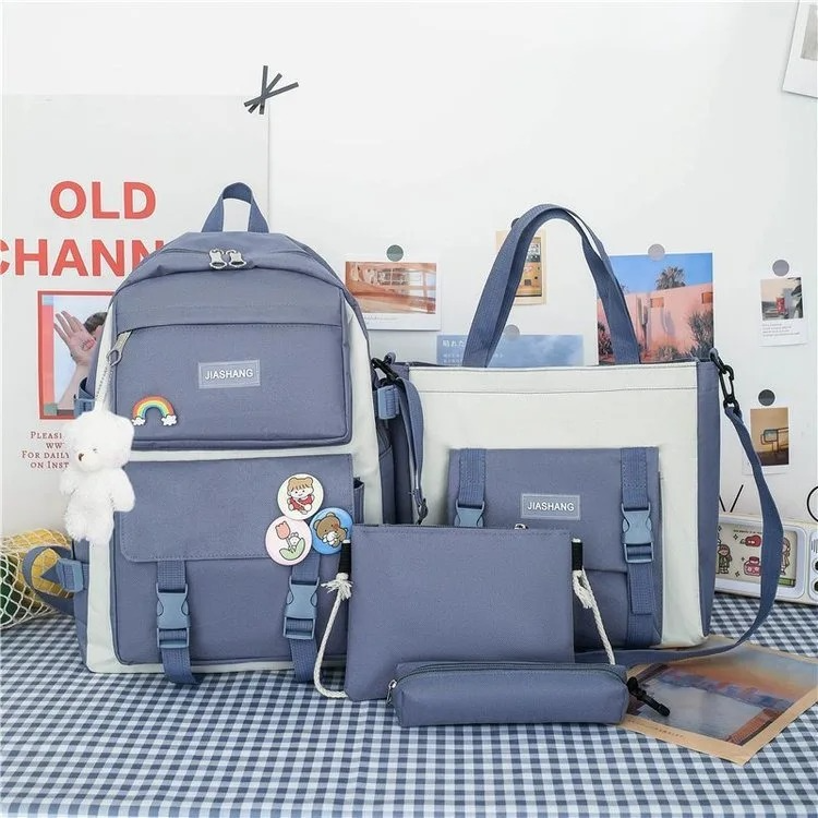4-Piece Korean Style Canvas Backpack Set for Women – Large Capacity School Bag with Shoulder Bag, Pouch & Tote