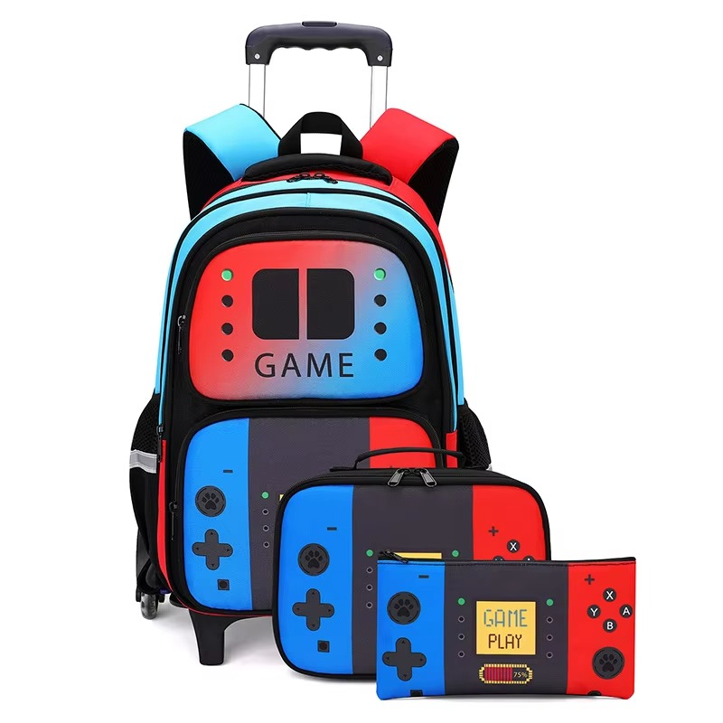 Gaming Console Kids Rolling Trolly Backpack with Lunch Bag – Wheeled School Trolley Bag for Boys
