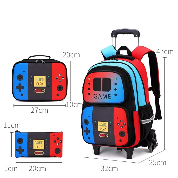 Gaming Console Kids Rolling Trolly Backpack with Lunch Bag – Wheeled School Trolley Bag for Boys