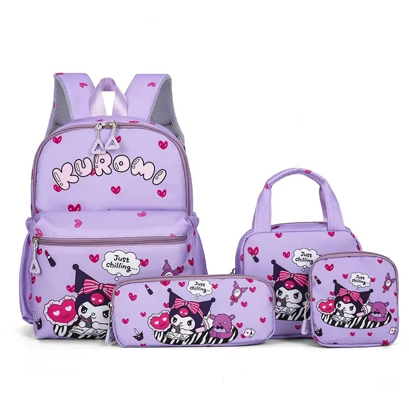4PCS Kuromi Hello Kitty Sanrio School Bag Set – Backpack, Shoulder Bag, Pencil Case & Wallet for Girls