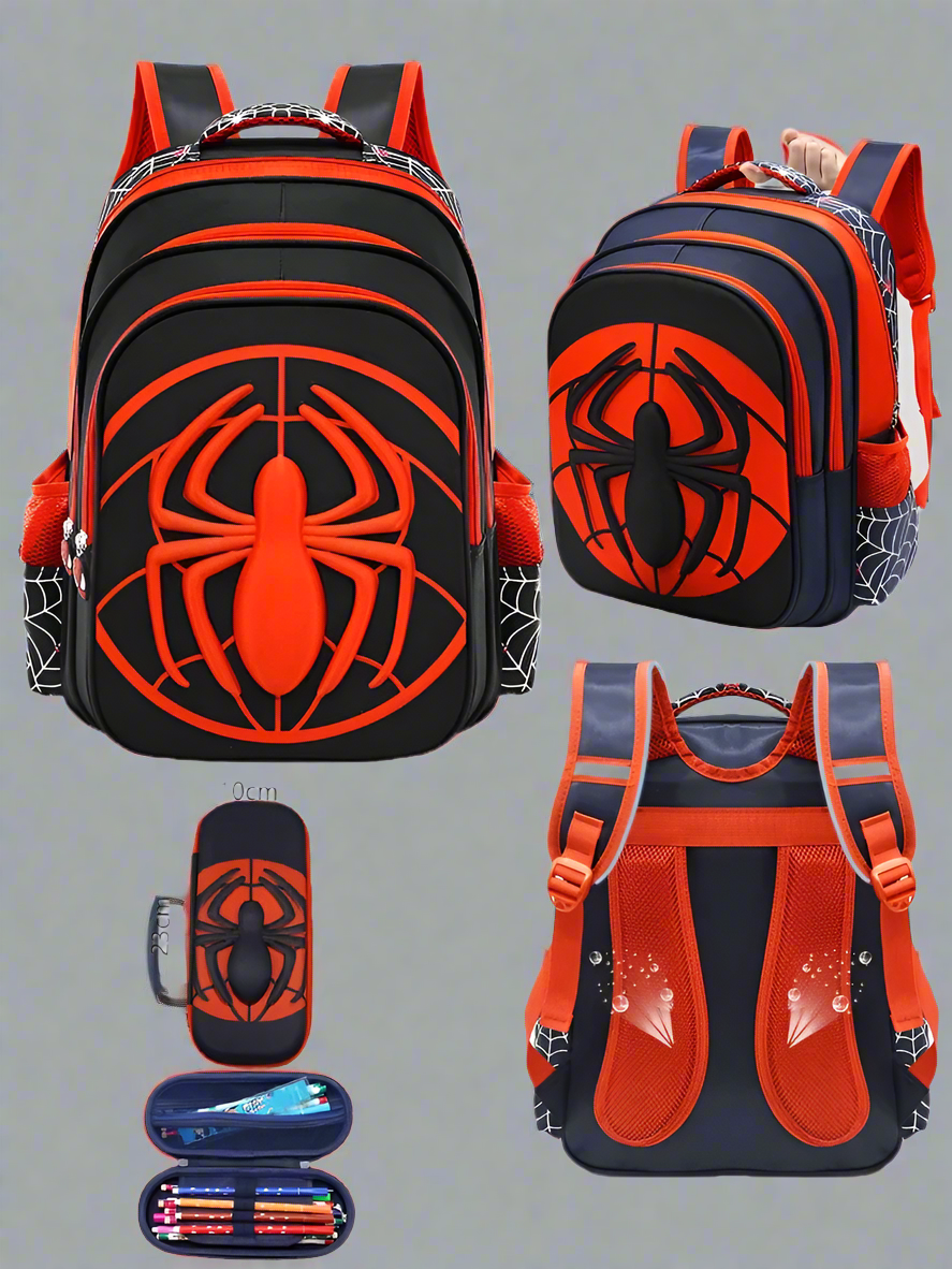 Spider Cartoon Kids School Backpack & Pencil Case Set – Waterproof Primary Bag for Boys & Girls