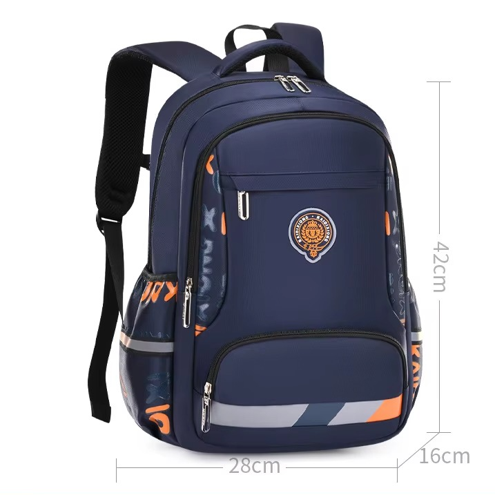 Navy blue backpack with measurements on a white background
