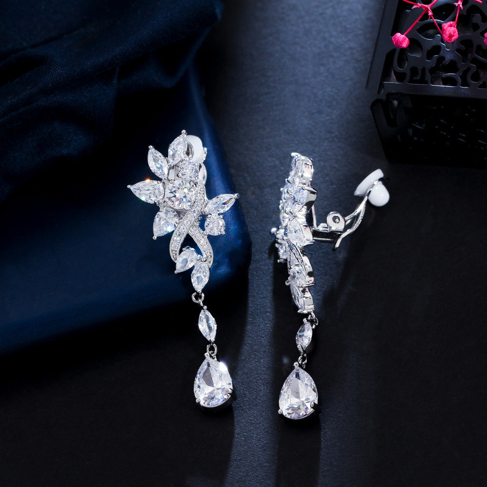 Zircon Flower Drop Clip On Earrings