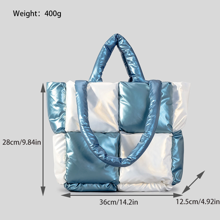 Winter Down Cotton-Padded Tote Bag – Women’s Soft Plaid Shoulder Handbag for Daily Use