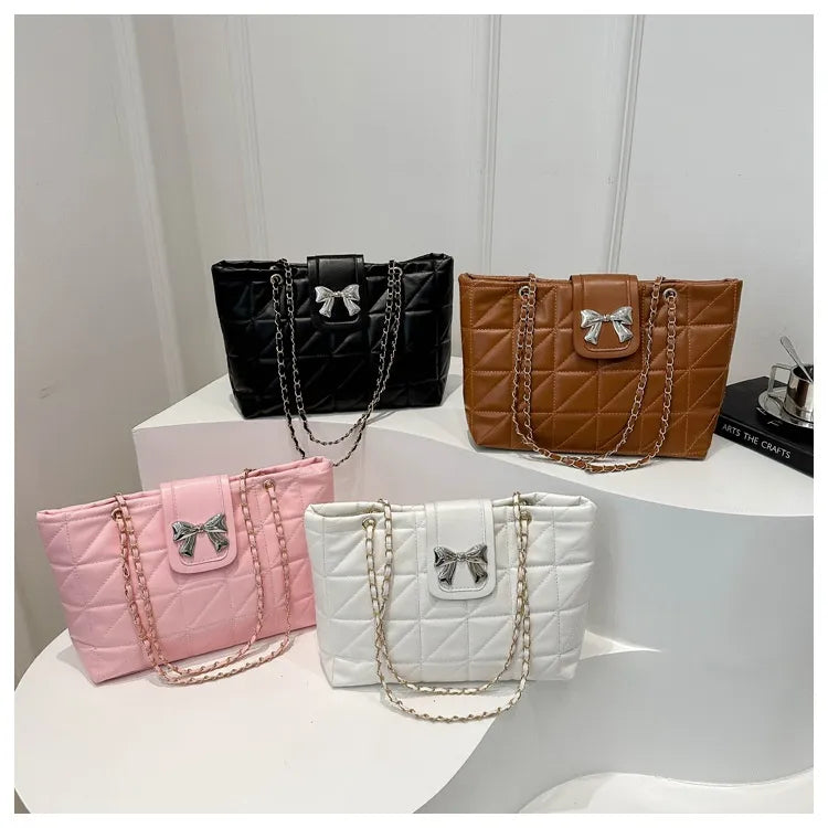 Soft Rhombus PU Chain Tote Bag โ Large Capacity Shoulder Handbag for Women