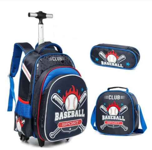 3-Piece Cartoon Trolley Backpack Set for Primary School Kids – Waterproof Rolling School Bag with Lunch Bag & Pencil Case