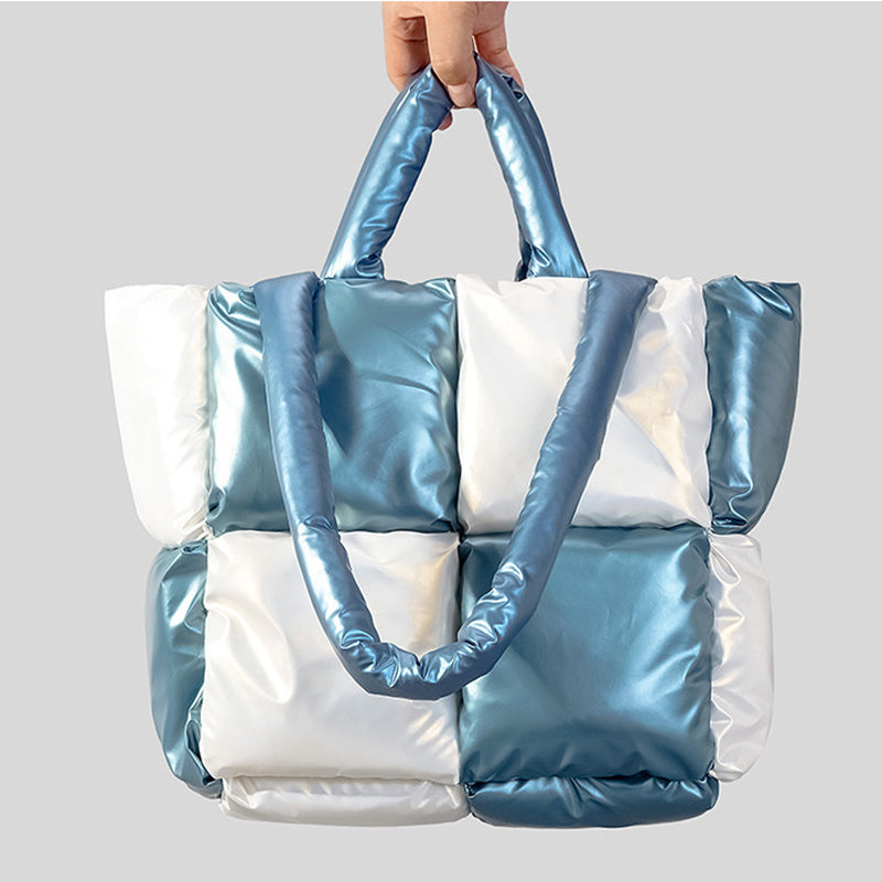 Winter Down Cotton-Padded Tote Bag – Women’s Soft Plaid Shoulder Handbag for Daily Use