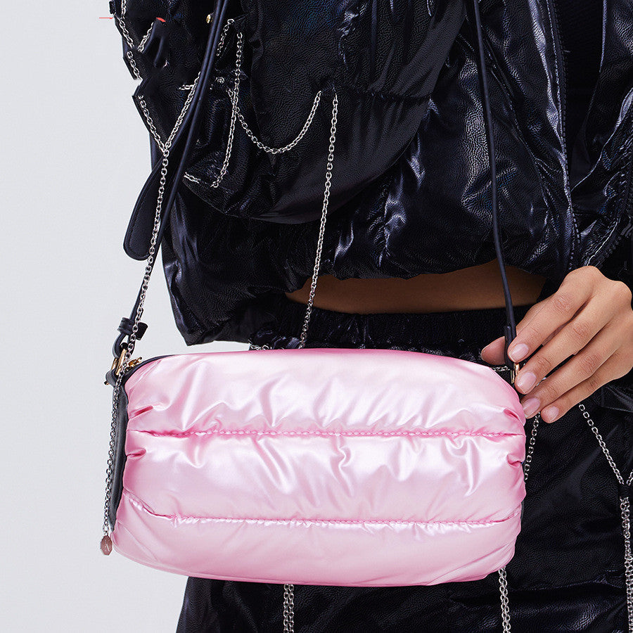 Space Down Cotton Cylinder Shoulder Bag – Quilted Minimalist Puffer Purse with Diamond Mesh Design
