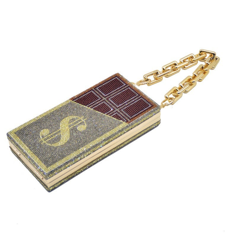 US Dollar Rhinestone Clutch Bag β Full Diamond Crystal Evening Purse with Gold Chain, Luxury Bling Dinner Bag