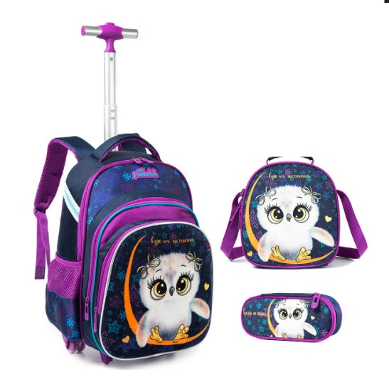 3-Piece Cartoon Trolley Backpack Set for Primary School Kids – Waterproof Rolling School Bag with Lunch Bag & Pencil Case