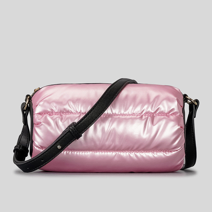 Space Down Cotton Cylinder Shoulder Bag – Quilted Minimalist Puffer Purse with Diamond Mesh Design